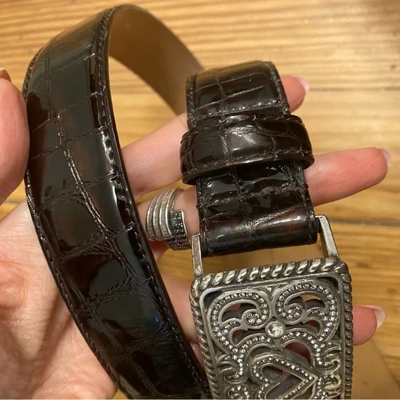 BRIGHTON EMBOSSED PATENT LEATHER BELT W/ HEART SILVER CRYSTAL BUCKLE BLING L34 - Picture 8 of 9